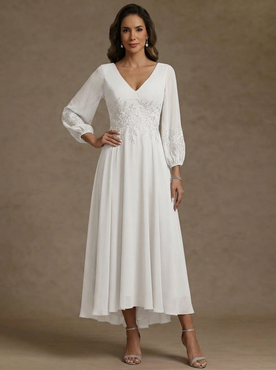 A-Line/Princess V-Neck Chiffon Mother of the Bride Dresses 3/4 Sleeves Lace Floral Asymmetrical Tea-Length