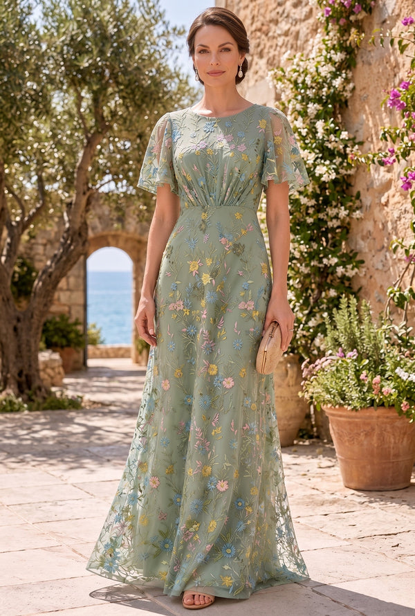 A-Line/Princess Scoop Lace Embroidery Mother of the Bride Dresses Floor-Length Short Sleeves Floral