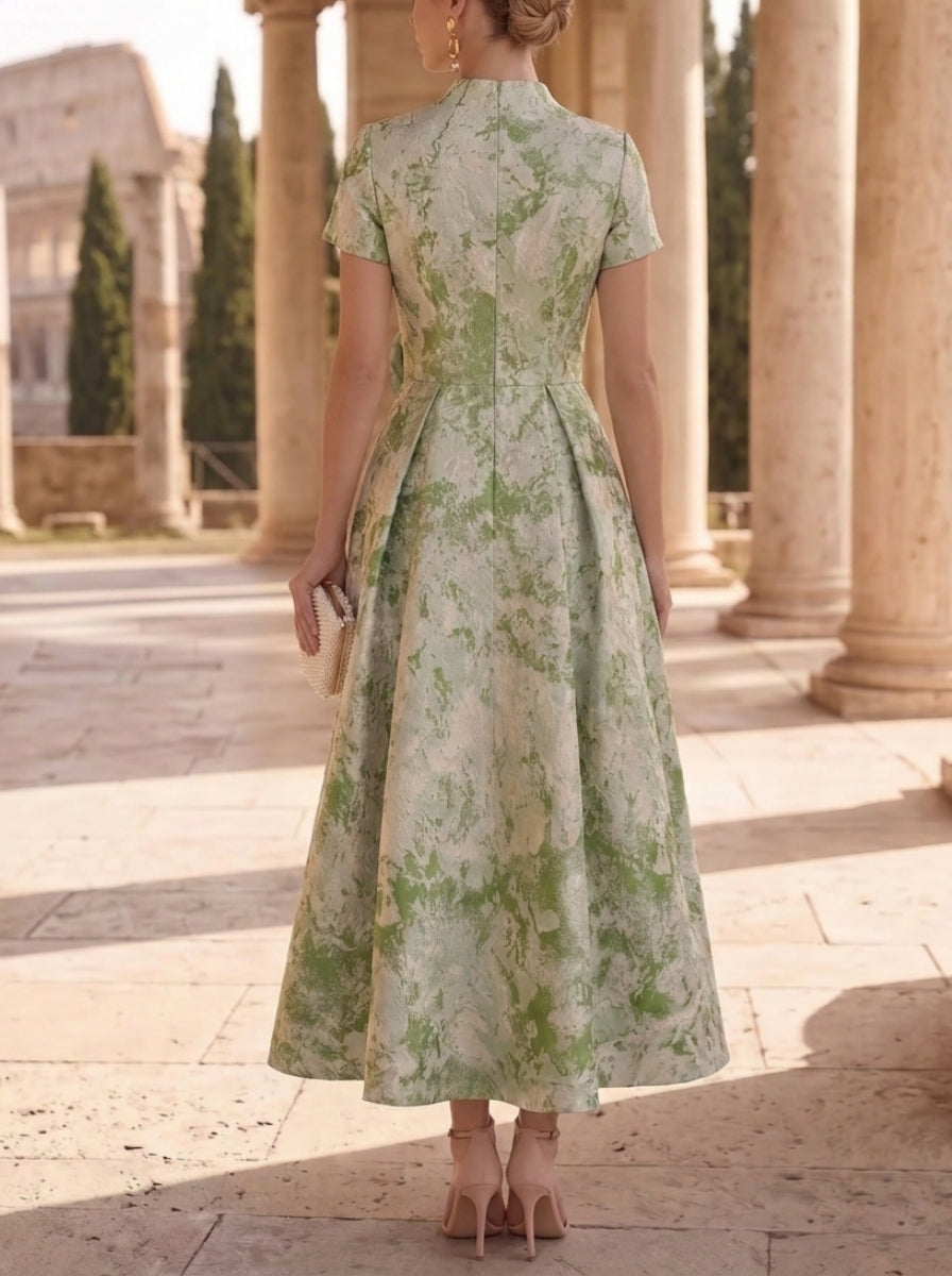 A-Line/Princess V-Neck Jacquard Mother of the Bride Dresses with 3D Flower Ankle-Length Floral Short Sleeves