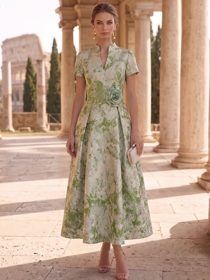 A-Line/Princess V-Neck Jacquard Mother of the Bride Dresses with 3D Flower Ankle-Length Floral Short Sleeves