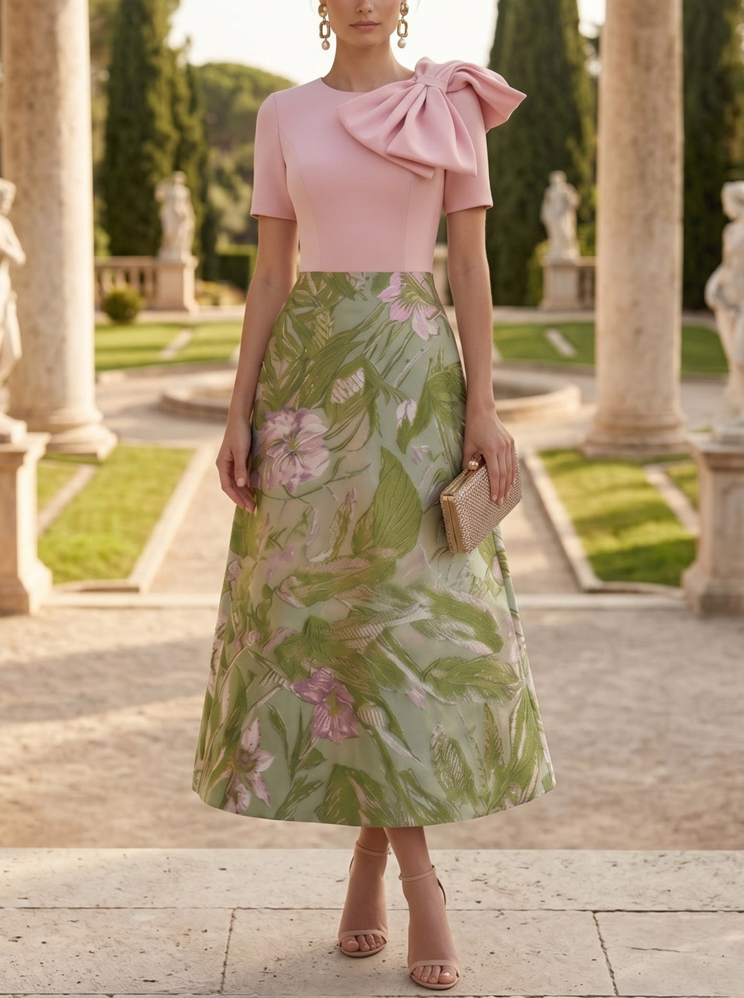 A-Line/Princess Scoop Jacquard Mother of the Bride Dresses with Bowknot Tea-Length Floral Short Sleeves