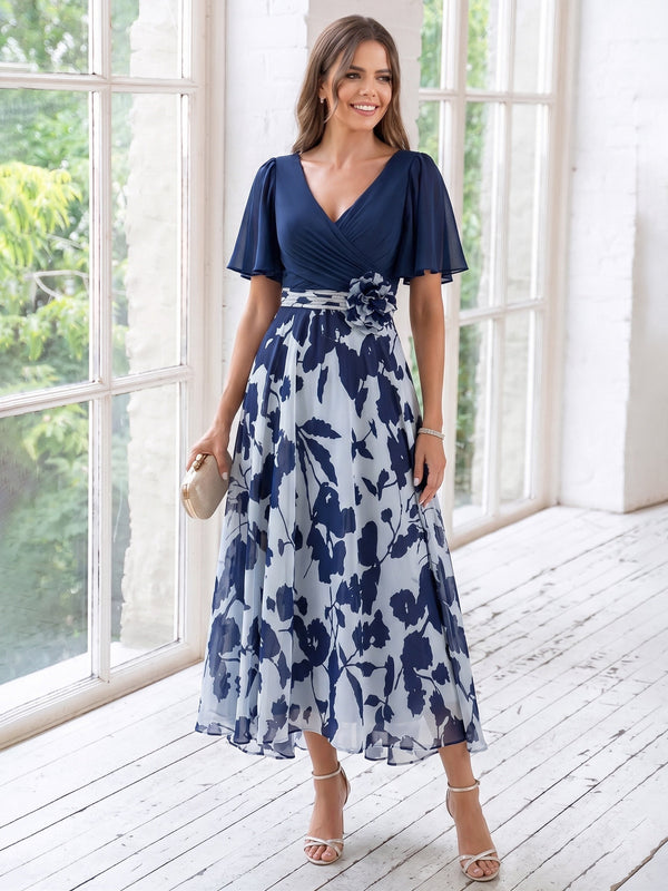 A-Line/Princess V-Neck Chiffon Mother of the Bride Dresses with 3D Flower Tea-Length Floral Short Sleeves