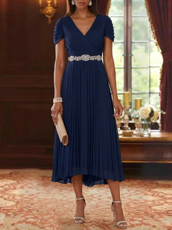 A-Line/Princess V-Neck Chiffon Mother of the Bride Dresses Tea-Length Short Sleeves Sash Pleated