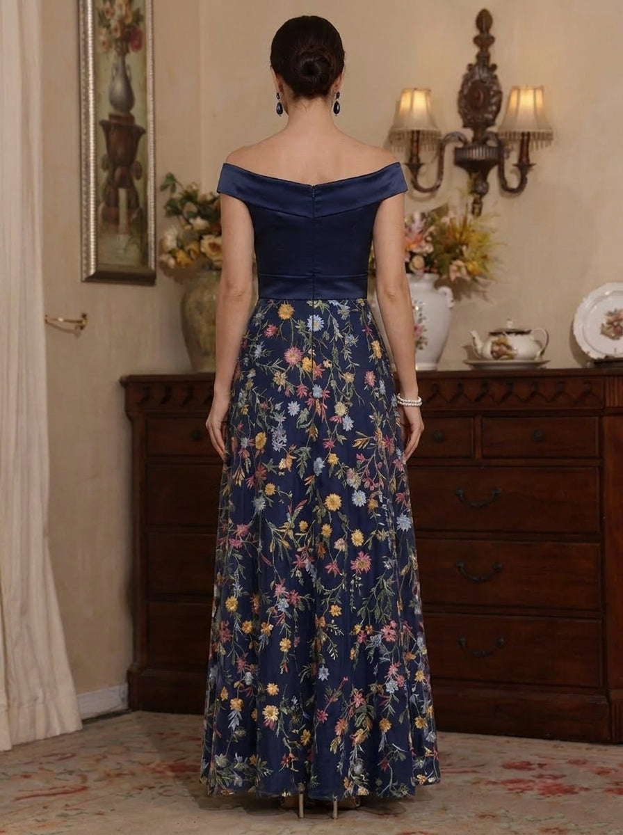 A-Line/Princess Off-the-Shoulder Satin Mother of the Bride Dresses Lace Embroidery Ankle-Length Sleeveless Floral