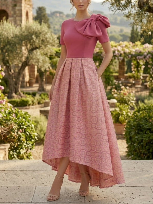 A-Line/Princess Scoop Printed Satin Mother of the Bride Dresses with Bowknot Asymmetrical Ankle-Length Short Sleeves