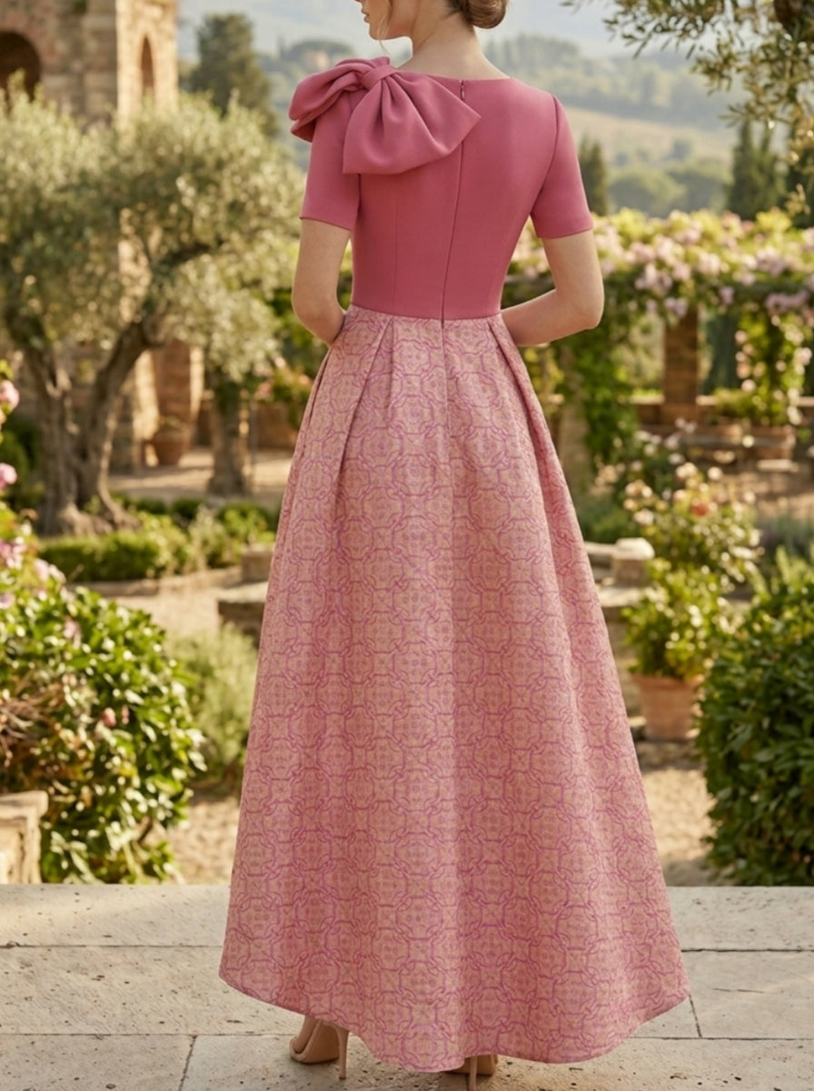 A-Line/Princess Scoop Printed Satin Mother of the Bride Dresses with Bowknot Asymmetrical Ankle-Length Short Sleeves
