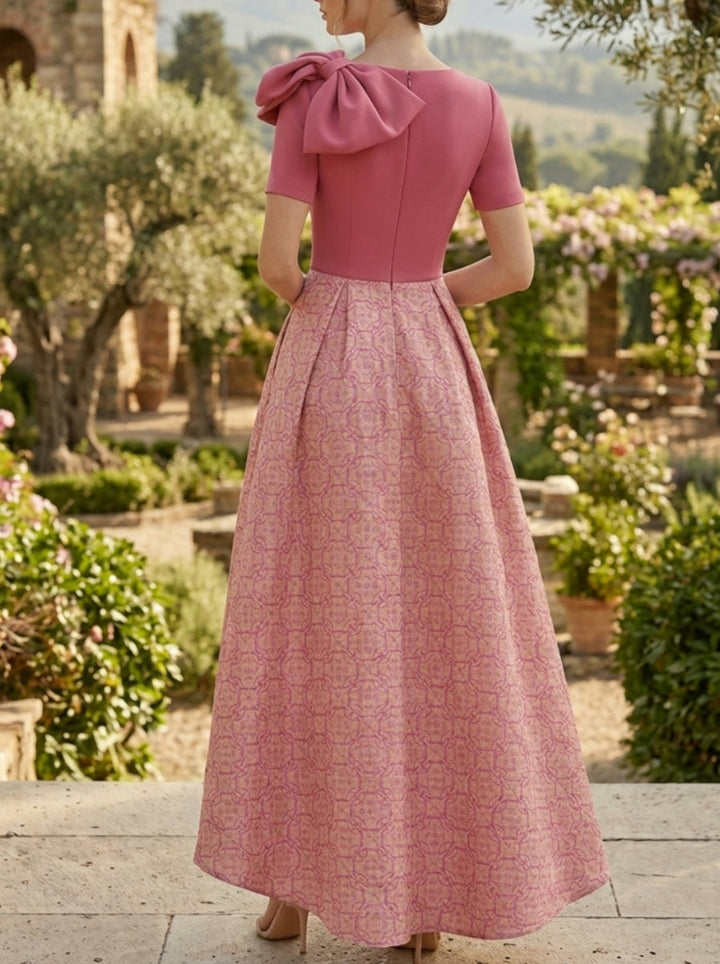 A-Line/Princess Scoop Printed Satin Mother of the Bride Dresses with Bowknot Asymmetrical Ankle-Length Short Sleeves