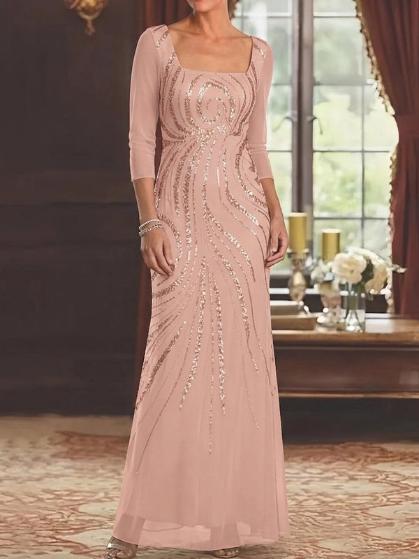 Sheath/Column Square Collar Chiffon Mother of the Bride Dresses Floor-Length 3/4 Sleeves Sequins
