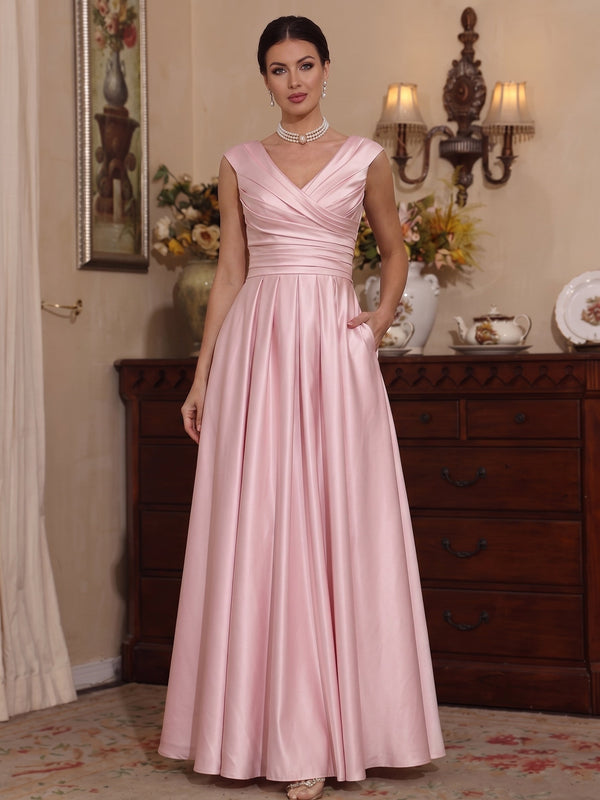 A-Line/Princess V-Neck Satin Mother of the Bride Dresses Floor-Length Sleeveless Ruched