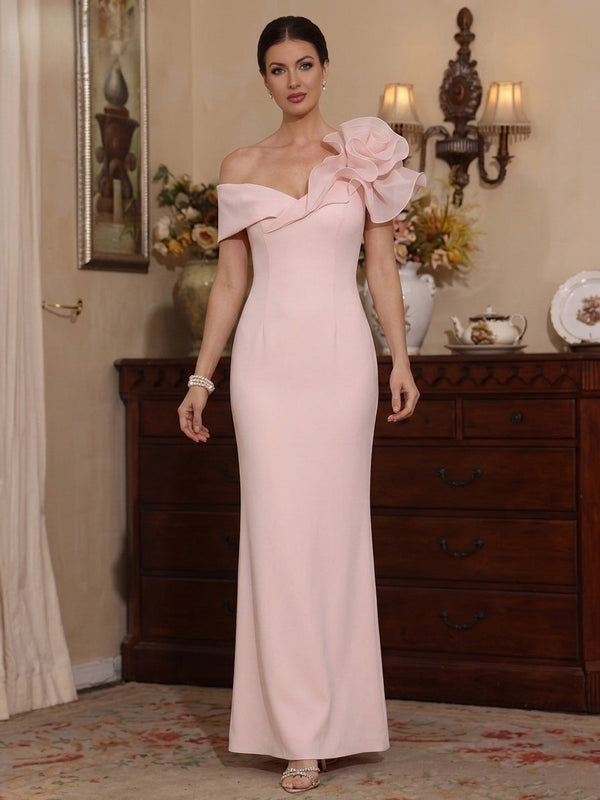 Sheath/Column Off-the-Shoulder Stretch Satin Mother of the Bride Dresses with 3D Flower Sleeveless Ankle-Length