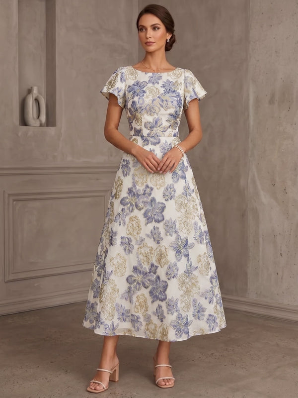 A-Line/Princess Scoop Jacquard Mother of the Bride Dresses Floral Short Sleeves Tea-Length