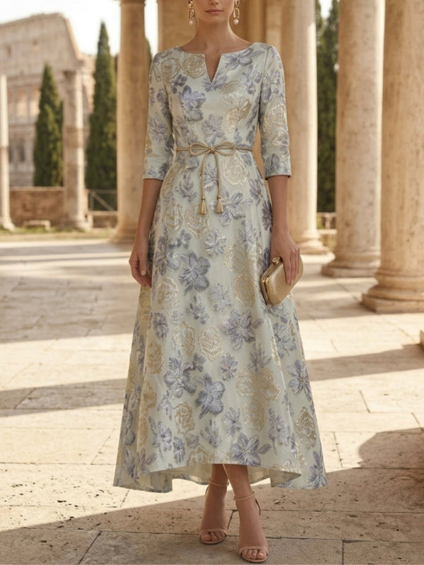 A-Line/Princess V-Neck Jacquard Mother of the Bride Dresses Floral 3/4 Sleeves Asymmetrical Tea-Length Belt