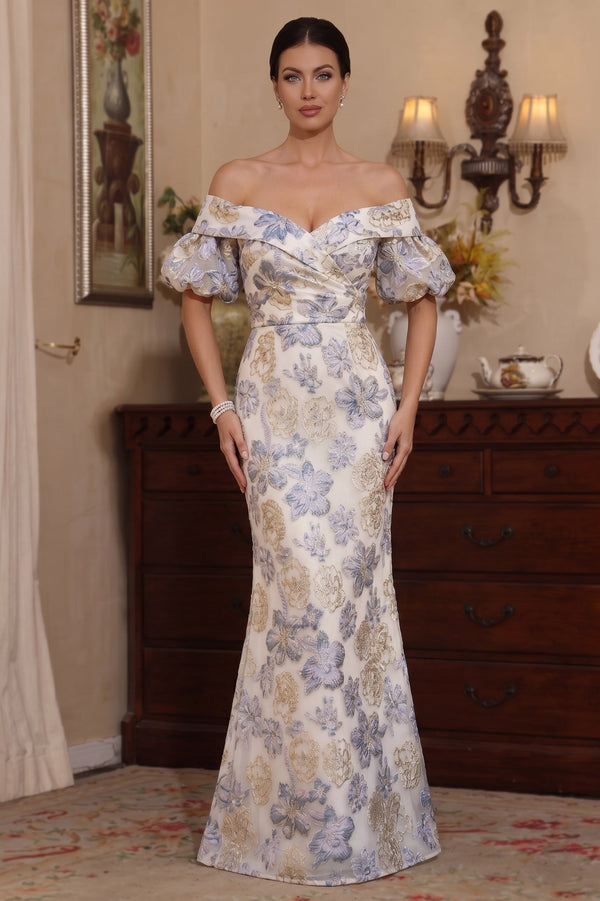 Trumpet/Mermaid Off-the-Shoulder Jacquard Mother of the Bride Dresses Floral Puff Sleeves Floor-Length