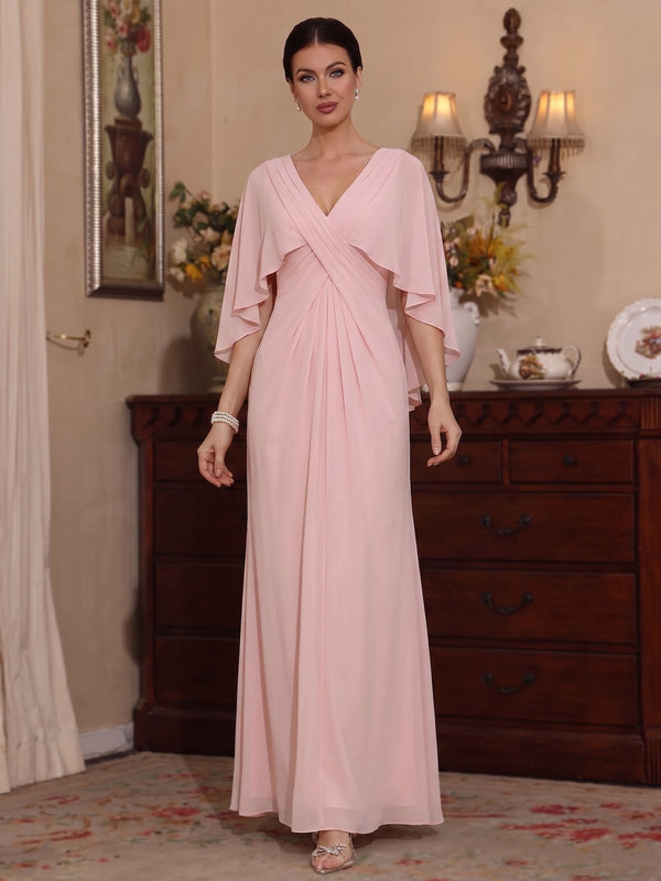 A-Line/Princess V-Neck Chiffon Mother of the Bride Dresses Cape Sleeves Ruched Ankle-Length
