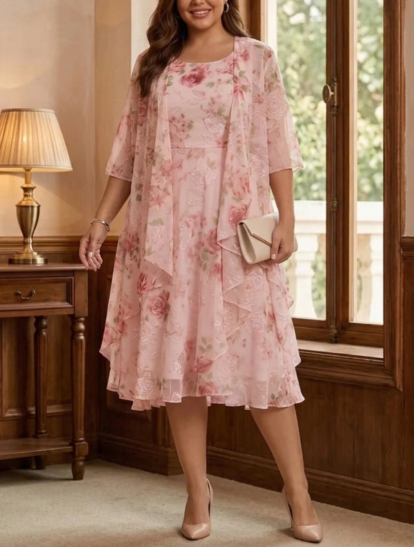 2 Pieces A-Line/Princess Scoop Chiffon Plus Size Mother of the Bride Dresses with Wrap Floral Half Sleeves Tea-Length
