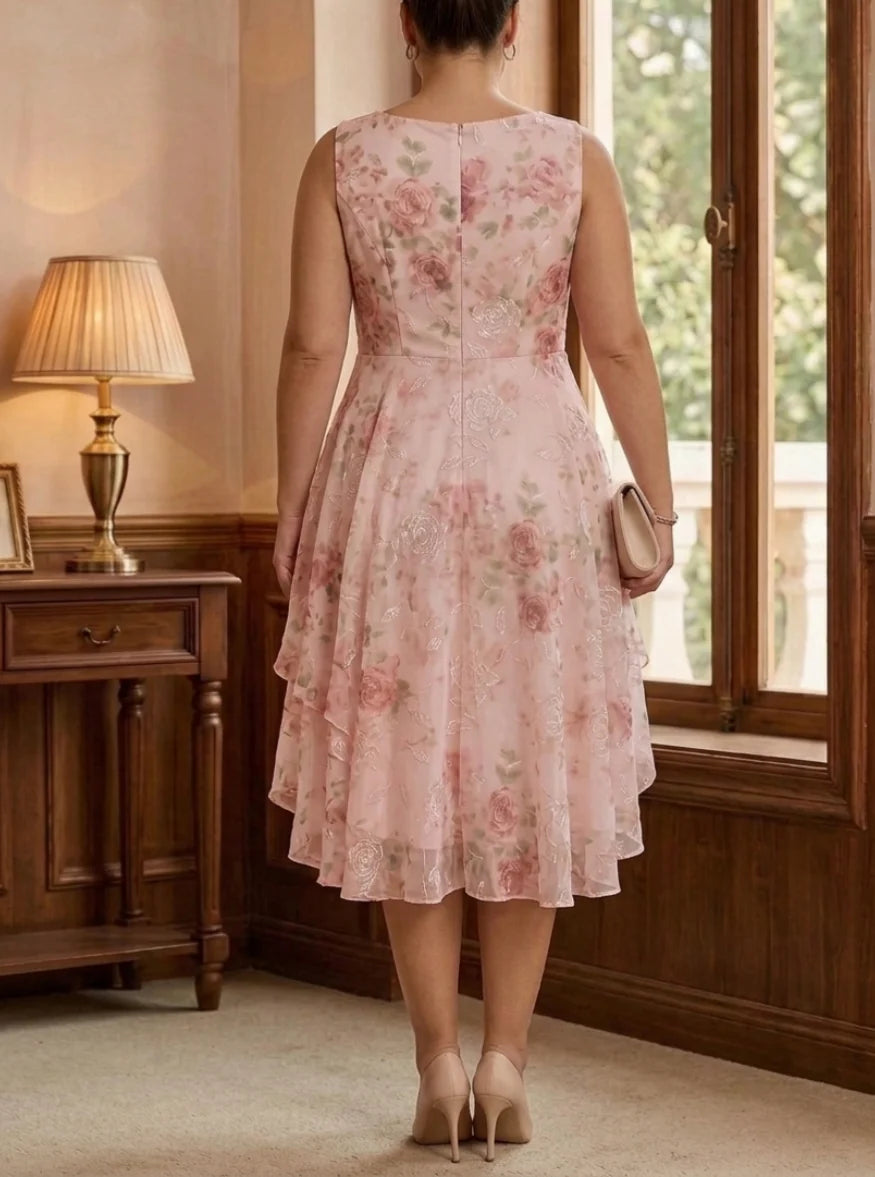 2 Pieces A-Line/Princess Scoop Chiffon Plus Size Mother of the Bride Dresses with Wrap Floral Half Sleeves Tea-Length