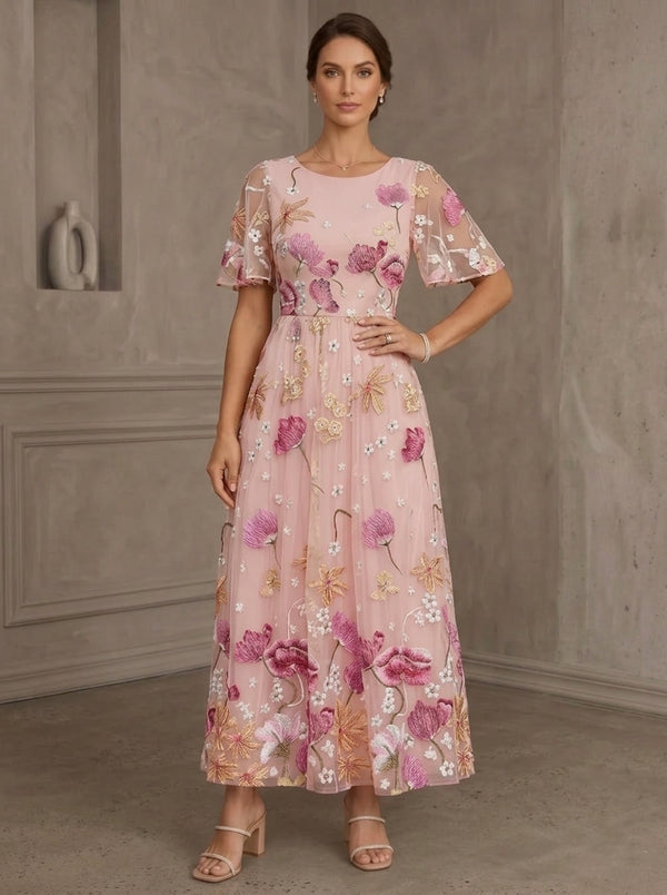 A-Line/Princess Scoop Lace Embroidery Mother of the Bride Dresses Floral Short Sleeves Ankle-Length