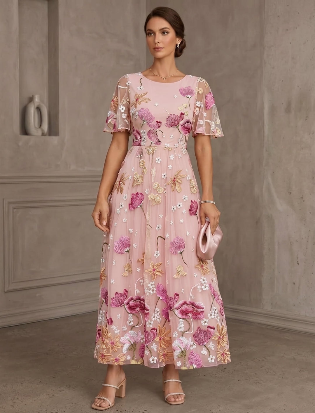 A-Line/Princess Scoop Lace Embroidery Mother of the Bride Dresses Floral Short Sleeves Ankle-Length