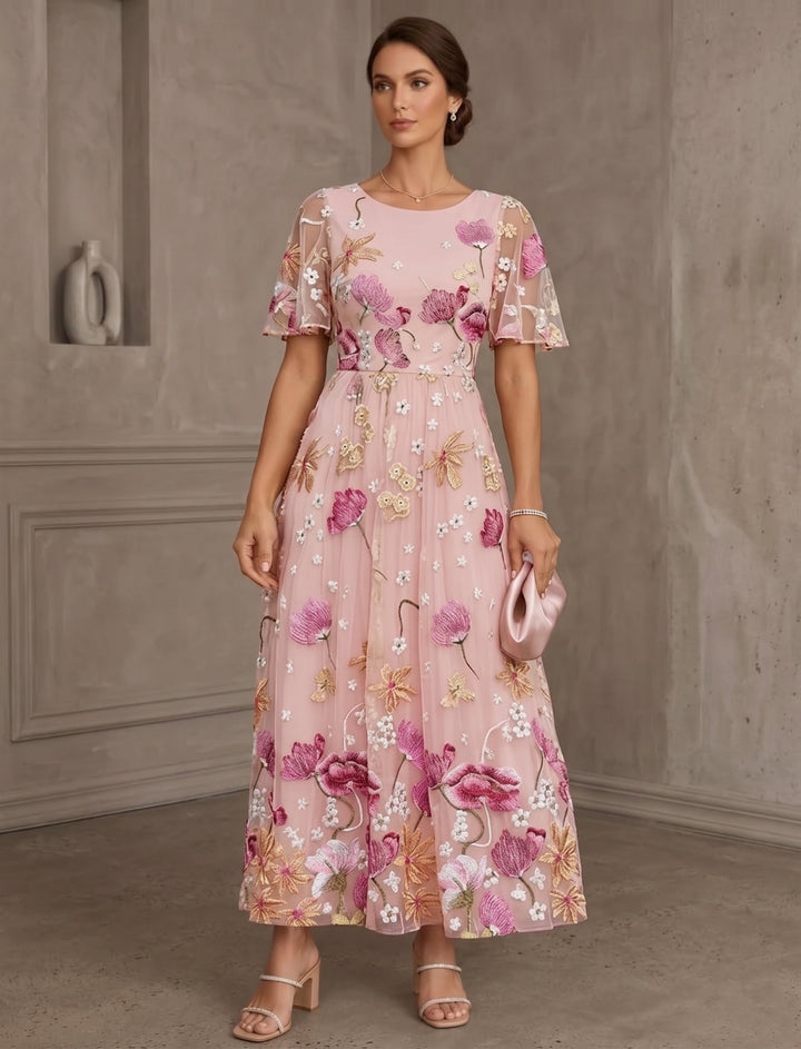 A-Line/Princess Scoop Lace Embroidery Mother of the Bride Dresses Floral Short Sleeves Ankle-Length