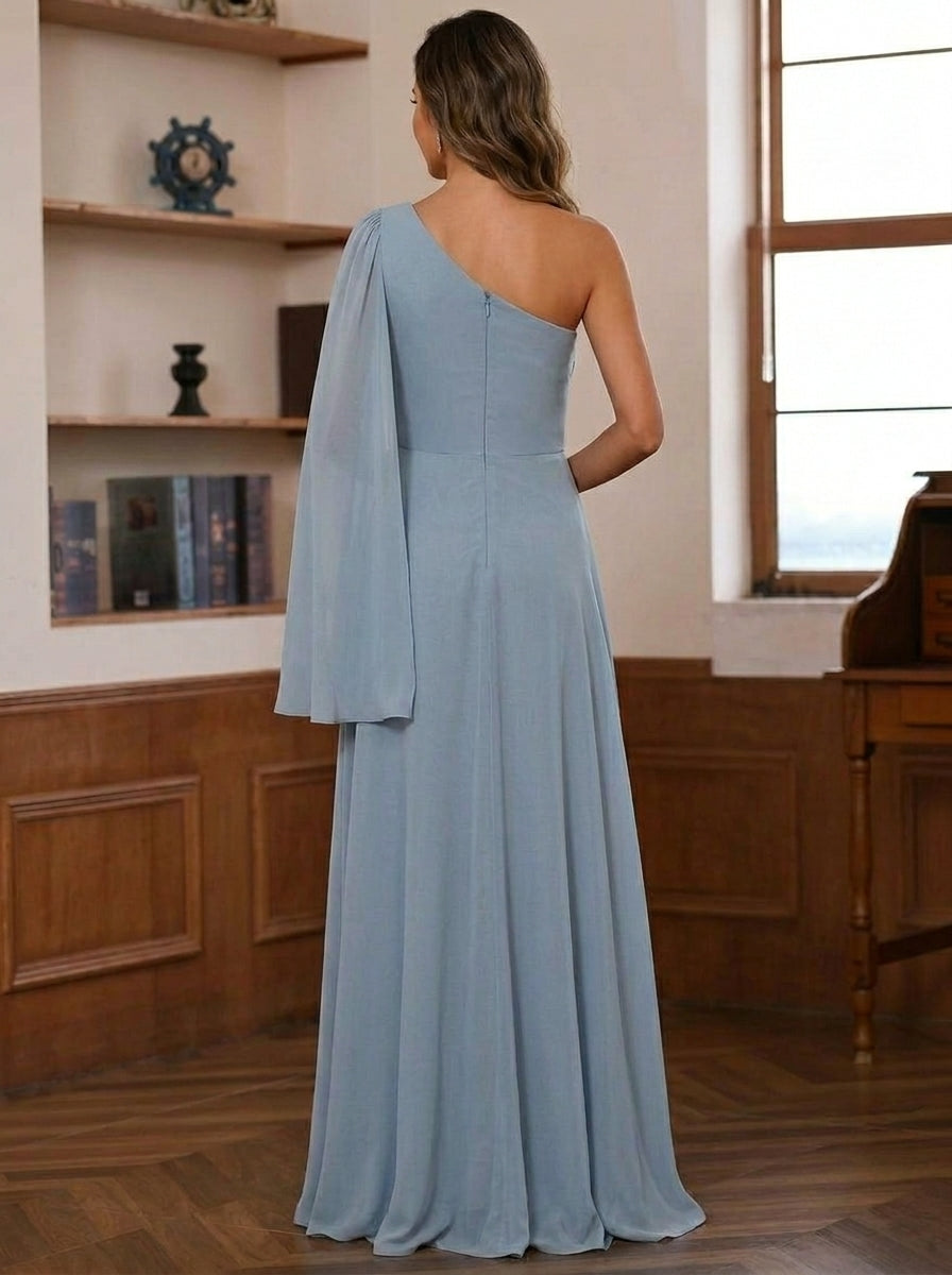A-Line/Princess One-Shoulder Chiffon Mother of the Bride Dresses Cape Sleeve Ruched Floor-Length