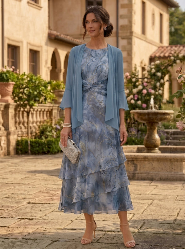 2 Pieces A-Line/Princess Scoop Chiffon Mother of the Bride Dresses with Jacket Floral 3/4 Sleeves Tea-Length