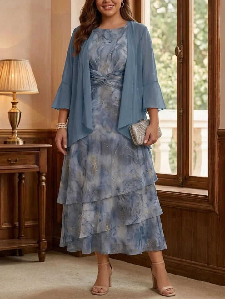 2 Pieces A-Line/Princess Chiffon Plus Size Mother of the Bride Dresses with Jacket Scoop Floral 3/4 Sleeves Tea-Length