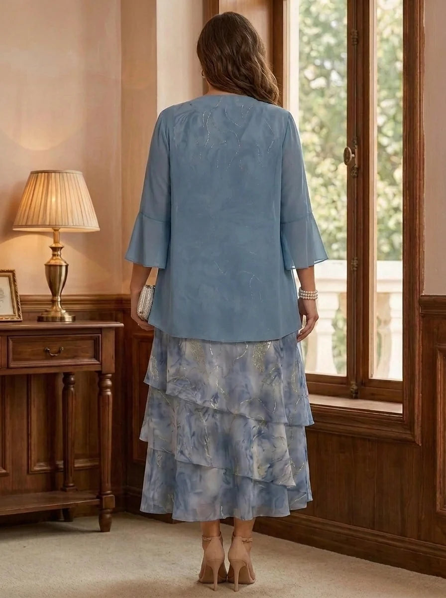 2 Pieces A-Line/Princess Chiffon Plus Size Mother of the Bride Dresses with Jacket Scoop Floral 3/4 Sleeves Tea-Length