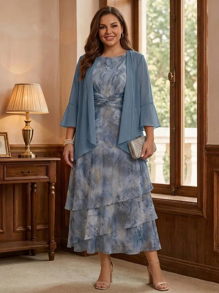2 Pieces A-Line/Princess Chiffon Plus Size Mother of the Bride Dresses with Jacket Scoop Floral 3/4 Sleeves Tea-Length
