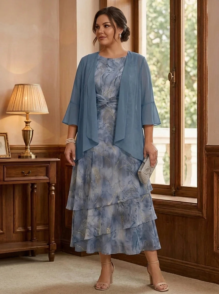 2 Pieces A-Line/Princess Chiffon Plus Size Mother of the Bride Dresses with Jacket Scoop Floral 3/4 Sleeves Tea-Length
