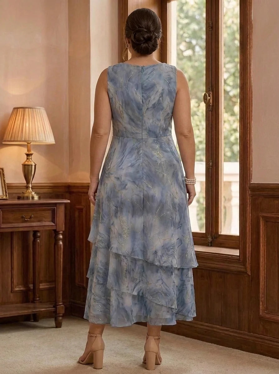 2 Pieces A-Line/Princess Chiffon Plus Size Mother of the Bride Dresses with Jacket Scoop Floral 3/4 Sleeves Tea-Length