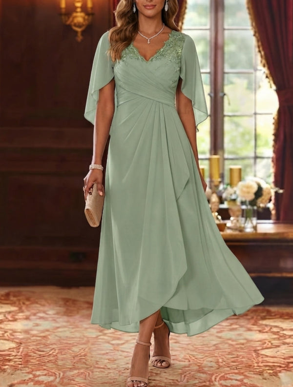 A-Line/Princess V-Neck Chiffon Mother of the Bride Dresses Cape Sleeves Ruched Lace Asymmetrical Tea-Length