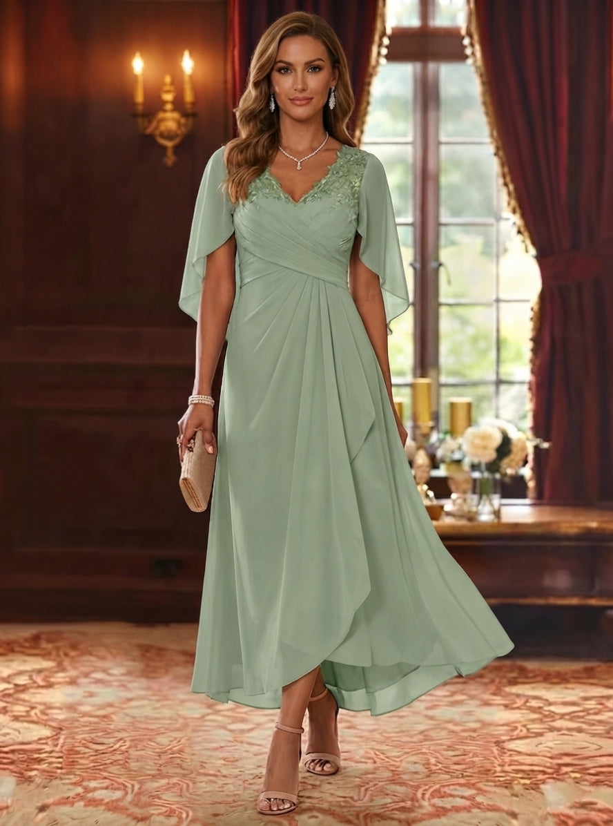 A-Line/Princess V-Neck Chiffon Mother of the Bride Dresses Cape Sleeves Ruched Lace Asymmetrical Tea-Length