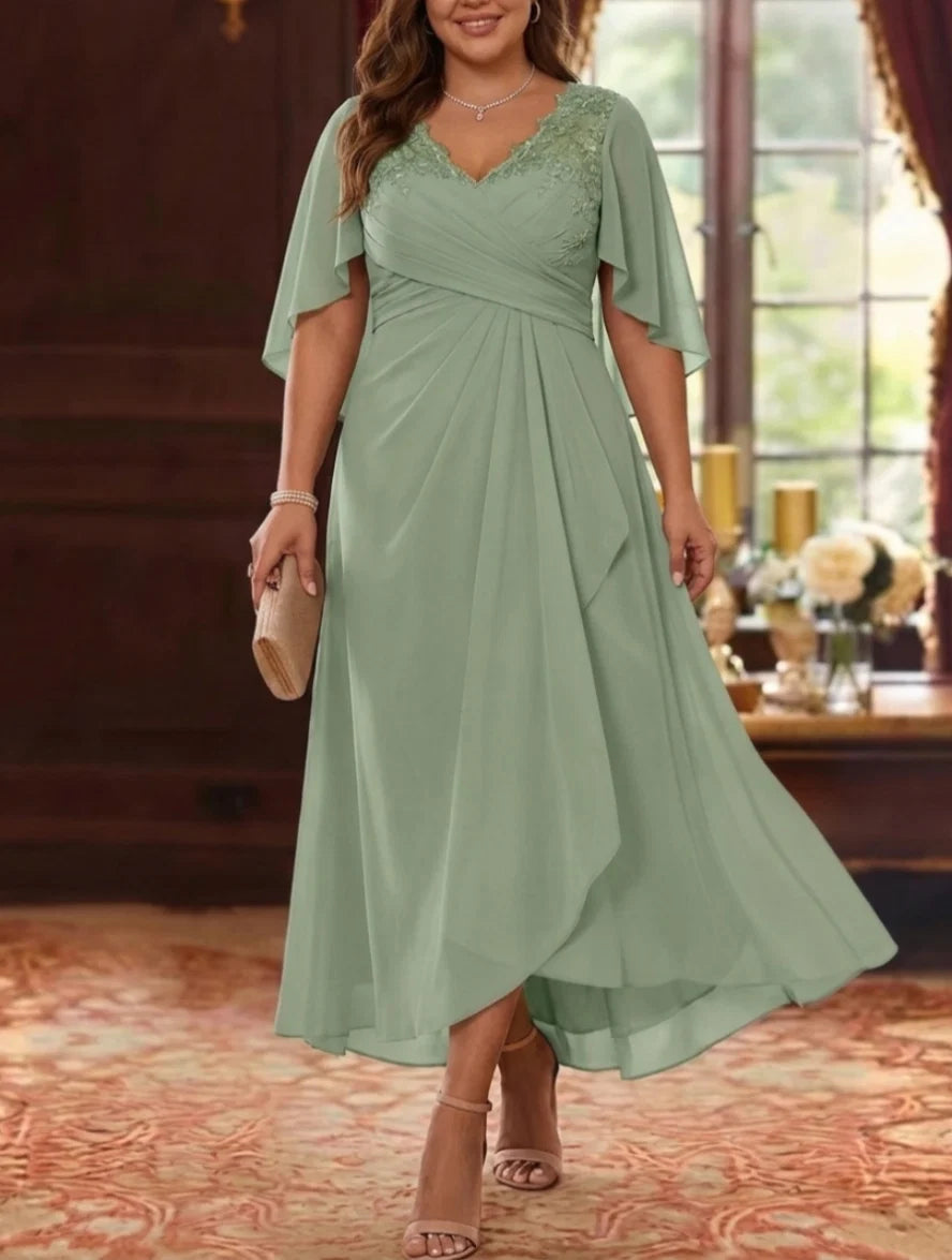 A-Line/Princess V-Neck Chiffon Plus Size Mother of the Bride Dresses Cape Sleeves Ruched Lace Asymmetrical Tea-Length