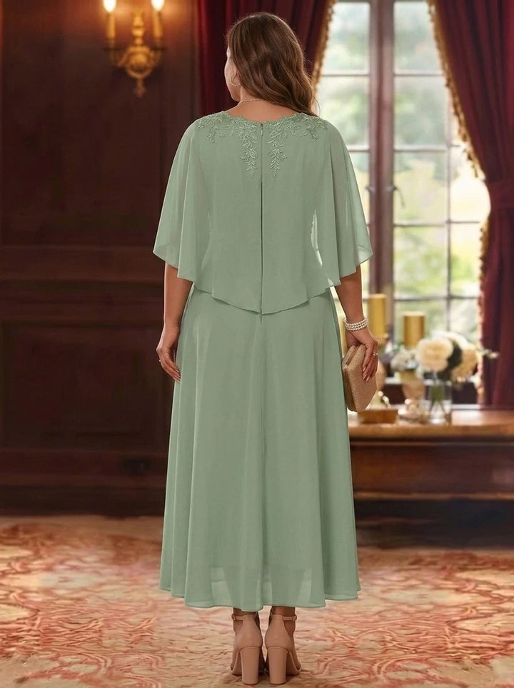 A-Line/Princess V-Neck Chiffon Plus Size Mother of the Bride Dresses Cape Sleeves Ruched Lace Asymmetrical Tea-Length