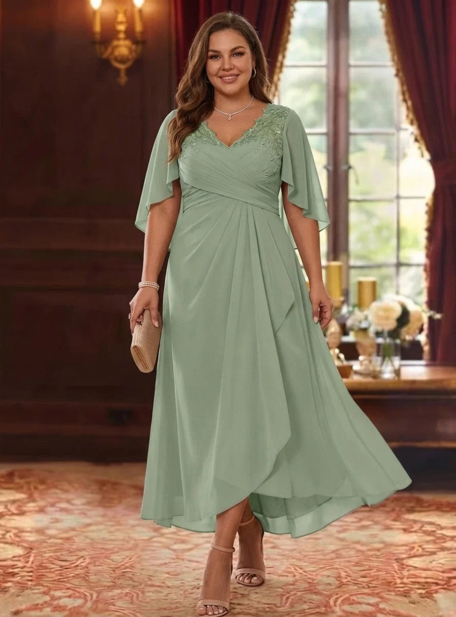 A-Line/Princess V-Neck Chiffon Plus Size Mother of the Bride Dresses Cape Sleeves Ruched Lace Asymmetrical Tea-Length