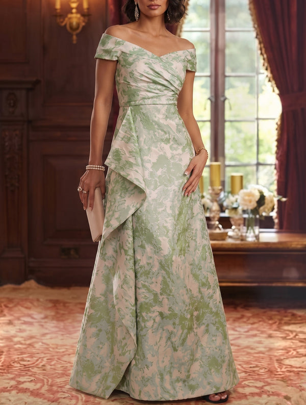 A-Line/Princess Off-the-Shoulder Jacquard Mother of the Bride Dresses Sleeveless Ruffles Floor-Length Ruched