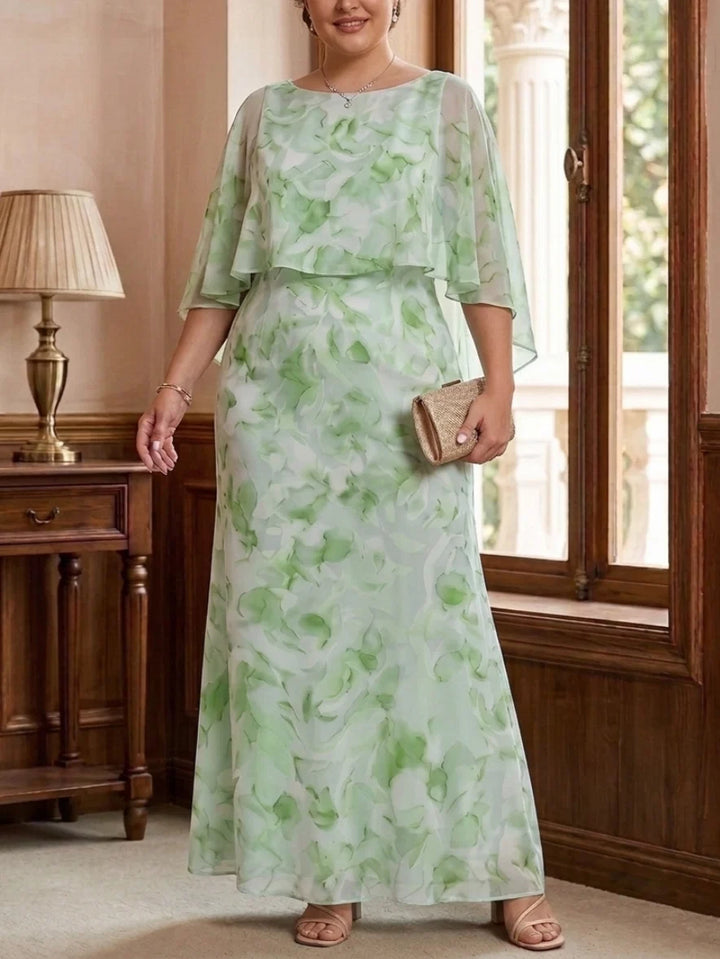 Sheath/Column Scoop Chiffon Plus Size Mother of the Bride Dresses Floral Ankle-Length Cape Sleeves