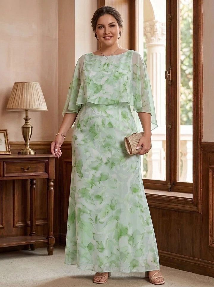 Sheath/Column Scoop Chiffon Plus Size Mother of the Bride Dresses Floral Ankle-Length Cape Sleeves