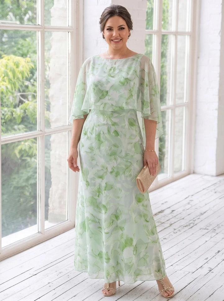 Sheath/Column Scoop Chiffon Plus Size Mother of the Bride Dresses Floral Ankle-Length Cape Sleeves