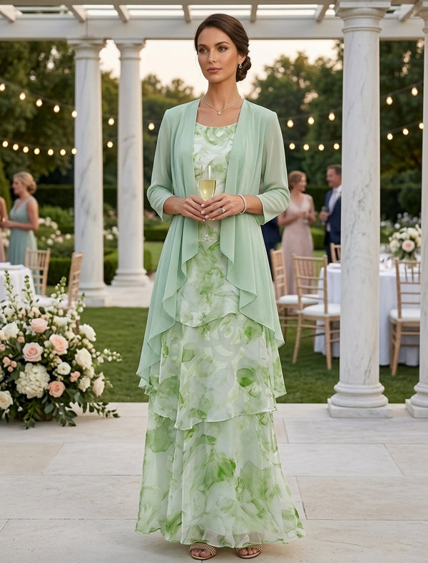 A-Line/Princess Scoop Chiffon Mother of the Bride Dresses with Jacket Floral Ankle-Length 3/4 Sleeves