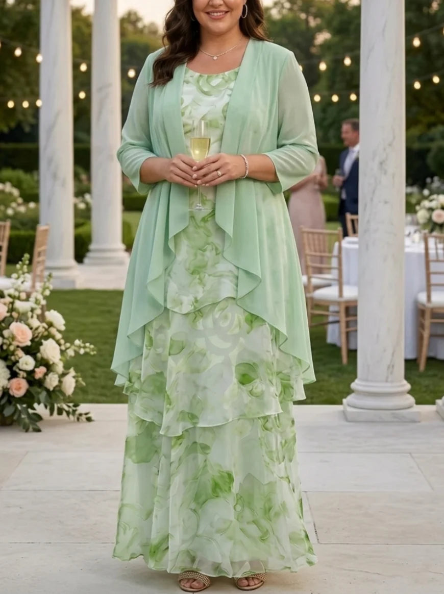 A-Line/Princess Scoop Chiffon Plus Size Mother of the Bride Dresses with Jacket Floral Ankle-Length 3/4 Sleeves