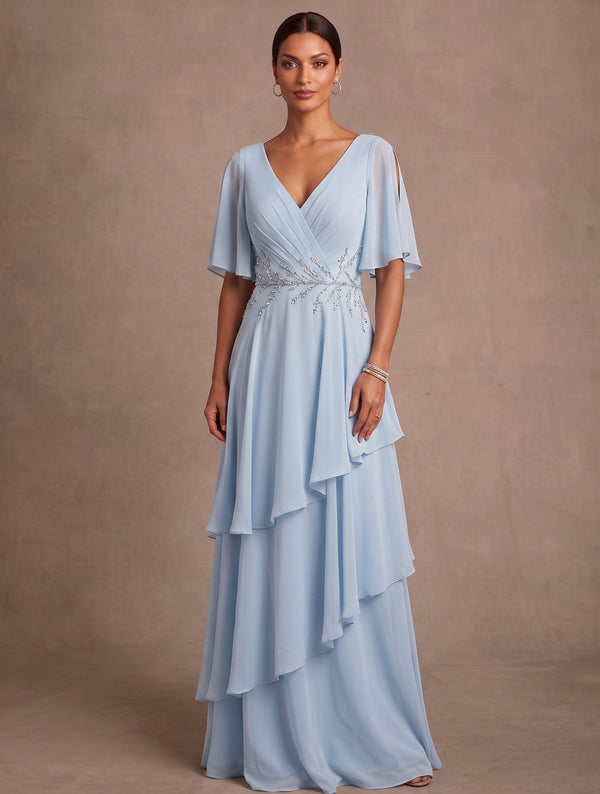 A-Line/Princess V-Neck Chiffon Mother of the Bride Dresses Short Sleeves Rhinestone Floor-Length Ruffles