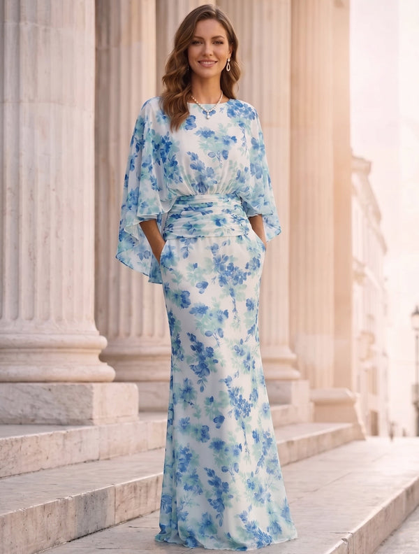 Sheath/Column Boat Neck Mother of the Bride Dresses Chiffon Floral 3/4 Sleeves Floor-Length