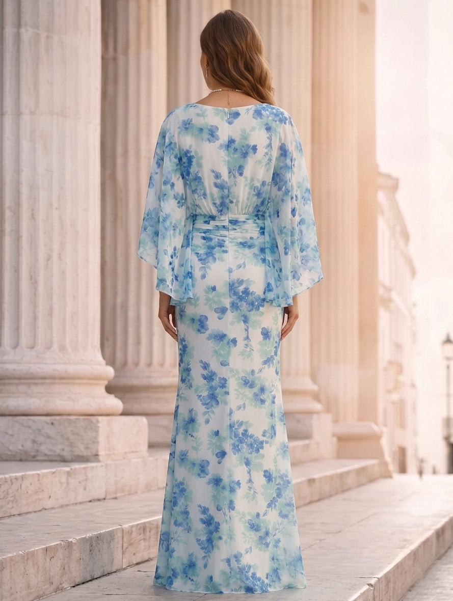 Sheath/Column Boat Neck Mother of the Bride Dresses Chiffon Floral 3/4 Sleeves Floor-Length