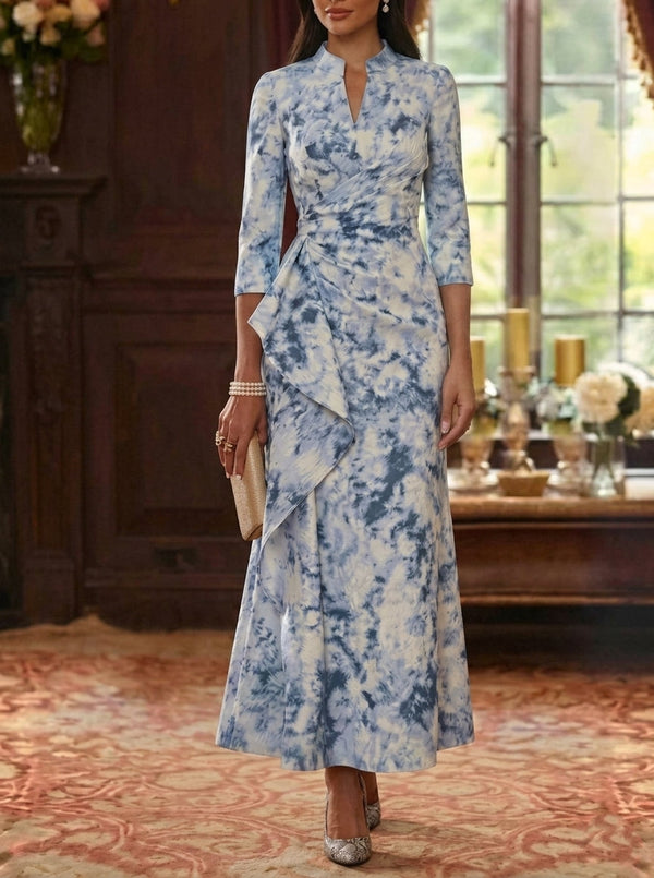 Sheath/Column V-Neck Jacquard Mother of the Bride Dresses Ankle-Length Floral 3/4 Sleeves Ruffles