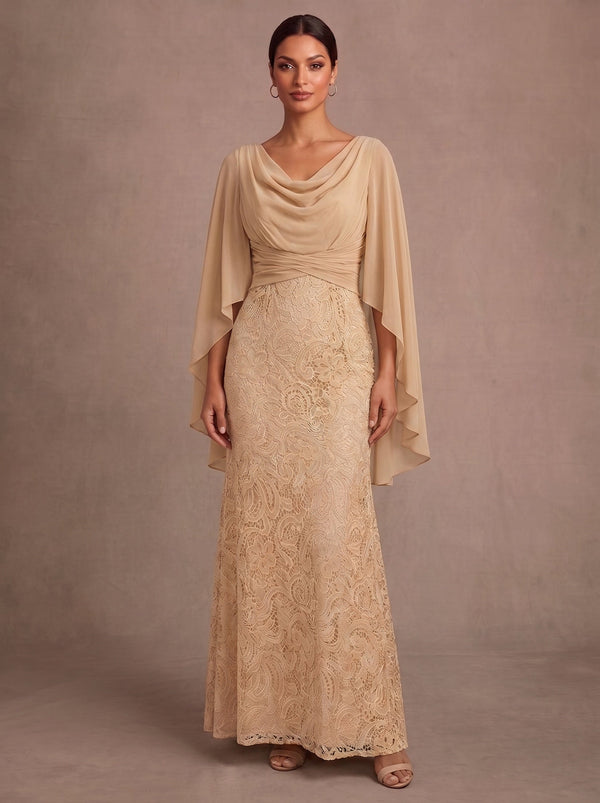 Sheath/Column Cowl Neck Chiffon Mother of the Bride Dresses Lace Cape Sleeves Ankle-Length Ruched