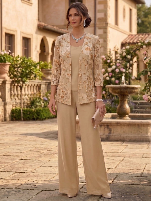 3 Pieces Suit Scoop Chiffon Lace Mother of the Bride Pantsuits with Jacket Floral Floor-Length 3/4 Sleeves