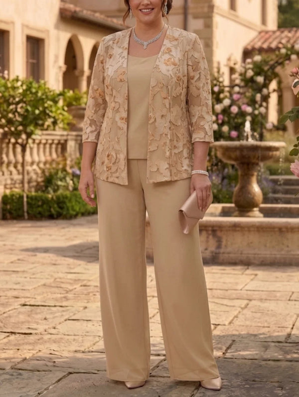 3 Pieces Suit Scoop Chiffon Lace Plus Size Mother of the Bride Pantsuits with Jacket Floral Floor-Length 3/4 Sleeves