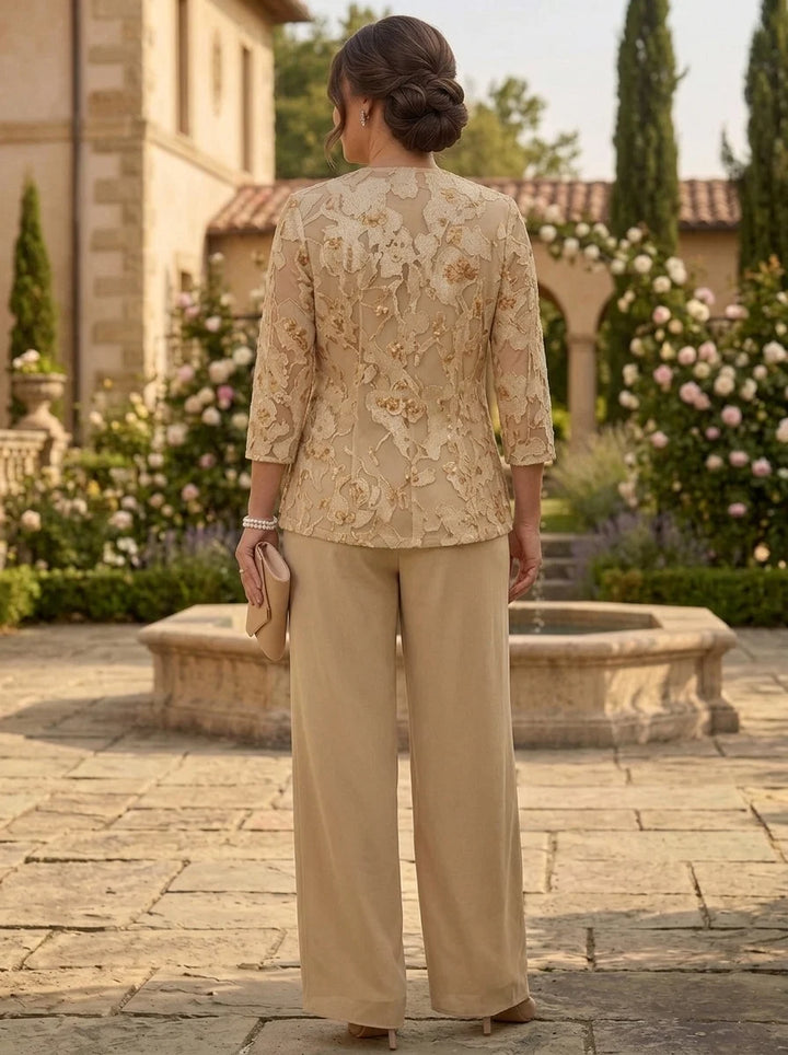 3 Pieces Suit Scoop Chiffon Lace Plus Size Mother of the Bride Pantsuits with Jacket Floral Floor-Length 3/4 Sleeves