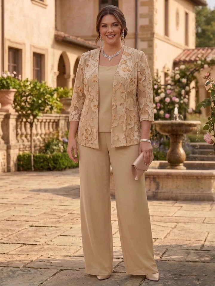 3 Pieces Suit Scoop Chiffon Lace Plus Size Mother of the Bride Pantsuits with Jacket Floral Floor-Length 3/4 Sleeves